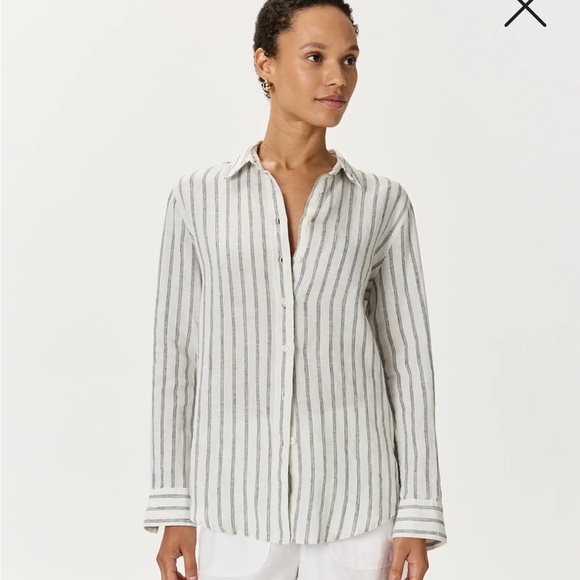 QUINCE XS European Linen Button Up Shirt Top Oatmeal Black Stripe Collar - Picture 2 of 9